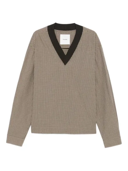 Карирана риза Nanushka с V-образно деколте кафяво