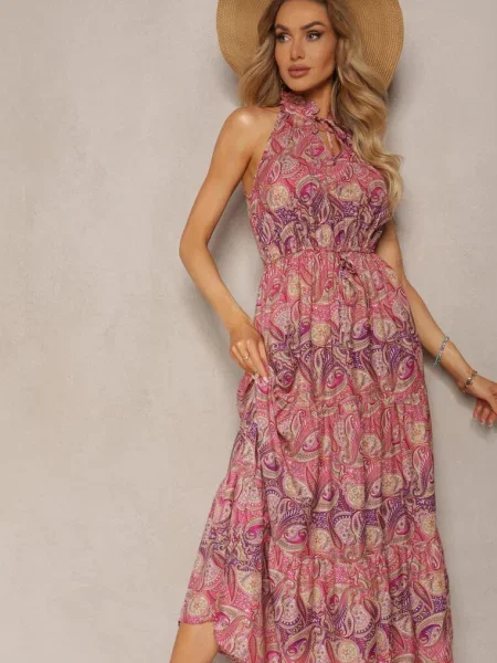 Fioletowo-Różowa Sukienka w Stylu Boho Bez Rękawów z Gumką w Pasie i Wiązaniem przy Dekolcie Yisa fioletowa