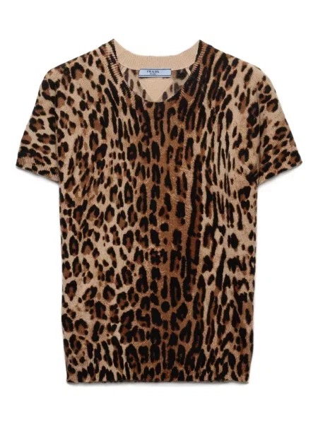 Tricou Prada tricotate cu imagine cu model leopard maro