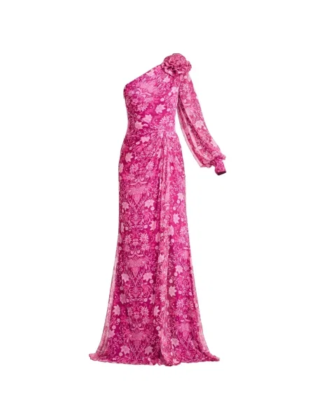 Rochie maxi Tadashi Shoji cu model floral cu imagine cu un umăr gol roz