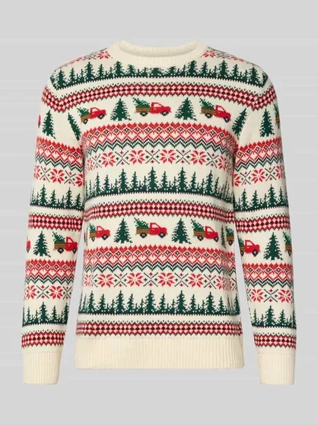 Sweter z dzianiny ze wzorem na całej powierzchni model ‘Winter village’ Lindbergh biały