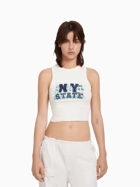 Bershka Top kék farmer / sötétkék / arany fehér