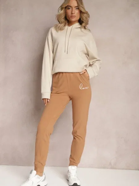 Spodnie Dresowe z Regularną Talią ze Ściągaczami i Haftowanym Napisem Botalina beżowe