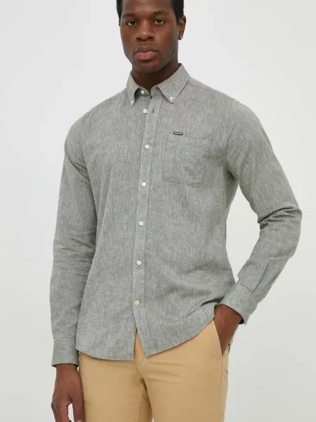 Сорочка з льону Barbour slim комір button-down зелений