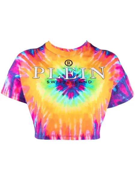 Tie dye koszulka Philipp Plein z nadrukiem o krotszym kroju różowa