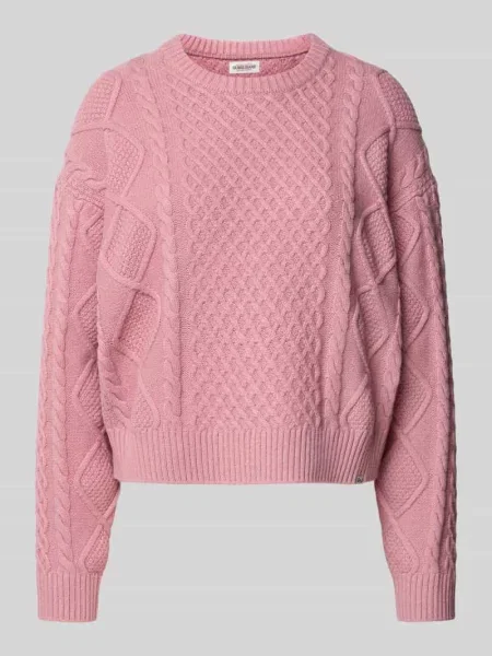 Sweter z dzianiny z fakturowanym wzorem i okrągłym dekoltem różowy