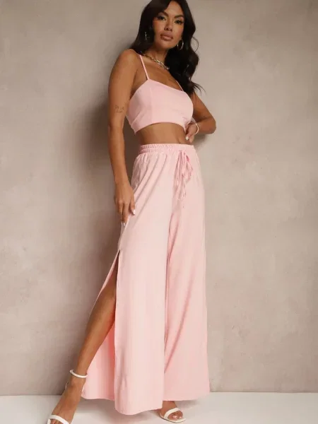 Komplet z Wiskozą Wiązany Top i Spodnie o Szerokim Kroju z Rozcięciami Zilavira różowy