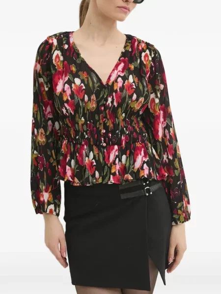 Bluză Desigual cu model floral cu decolteu în V negru