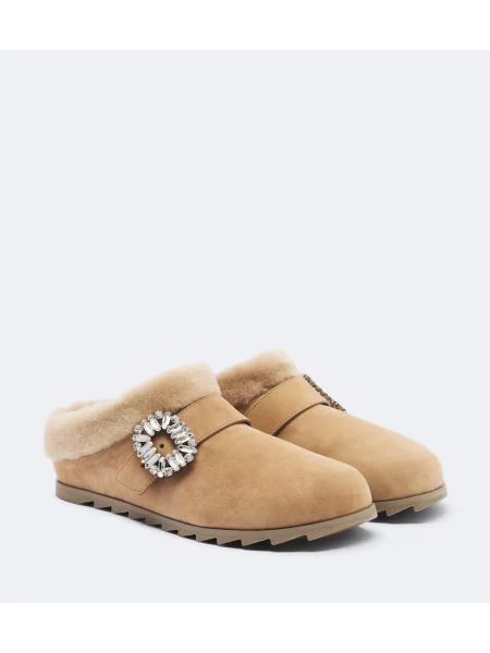 Papuci tip mules Roger Vivier din piele de căprioară bej