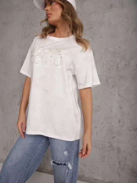 T-shirt Oversize z Haftowanym Napisem z Cekinami Talomora biały
