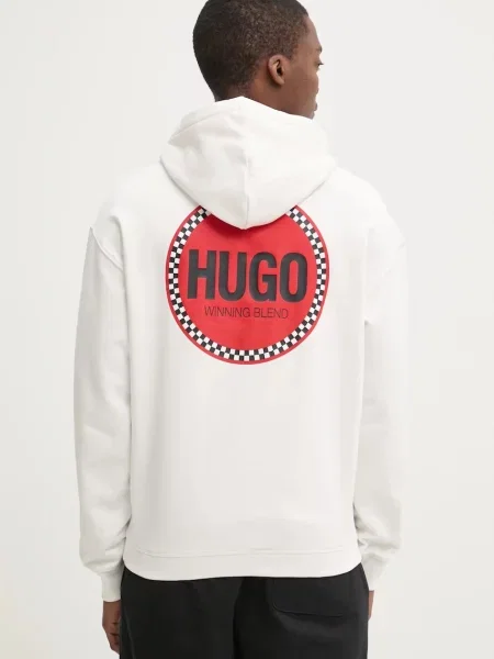 Bombažen pulover HUGO s kapuco bela