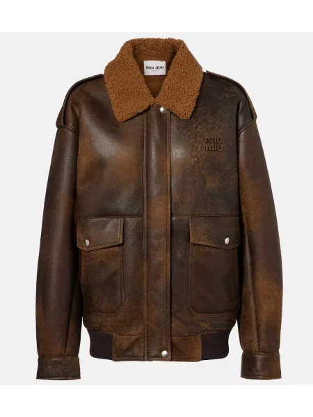 Kurtka skórzana Miu Miu brązowa