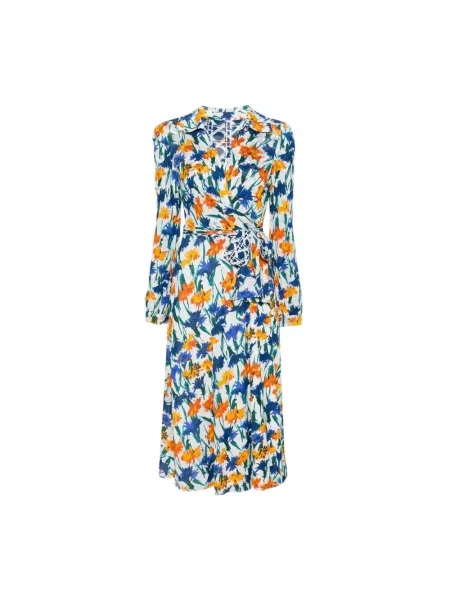 Wielobarwność sukienka midi Diane Von Furstenberg w kwiatki z długim rękawem niebieska
