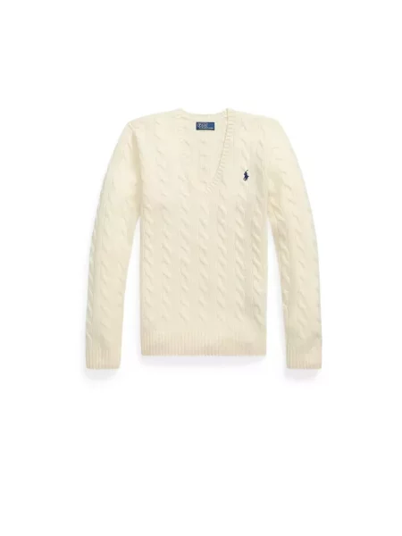 Sweter Polo Ralph Lauren z dekoltem w serek wełniany beżowy