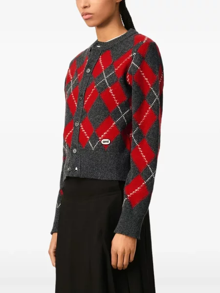 Cardigan Ami Paris de lână cu model argyle gri