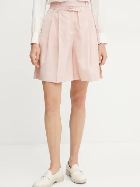 Вълнени къси панталони BOSS с изчистен дизайн с висока талия розово