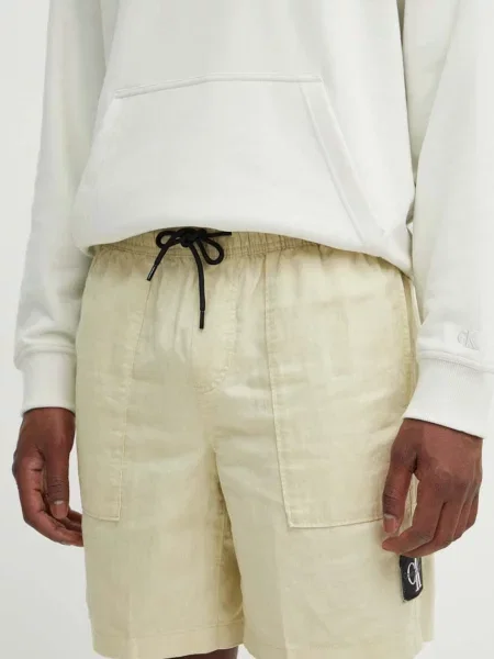 Къс панталон с лен Calvin Klein Jeans зелено бежово
