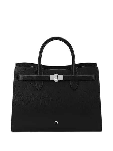 Кожена шопинг чанта Aigner с автограф черно