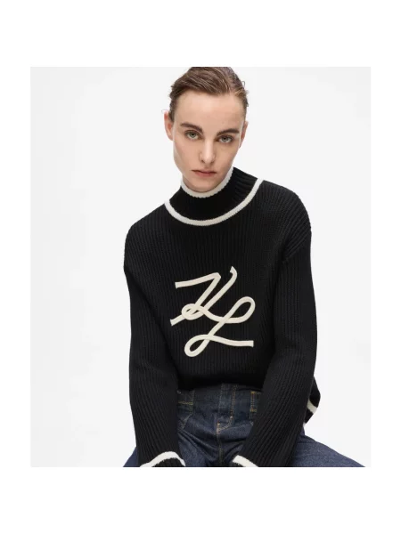 Sweter Karl Lagerfeld z logo wełniany pleciony czarny