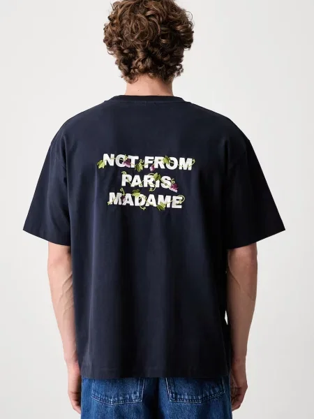 Drôle de Monsieur T-shirt Vine Embroidered Slogan granatowa