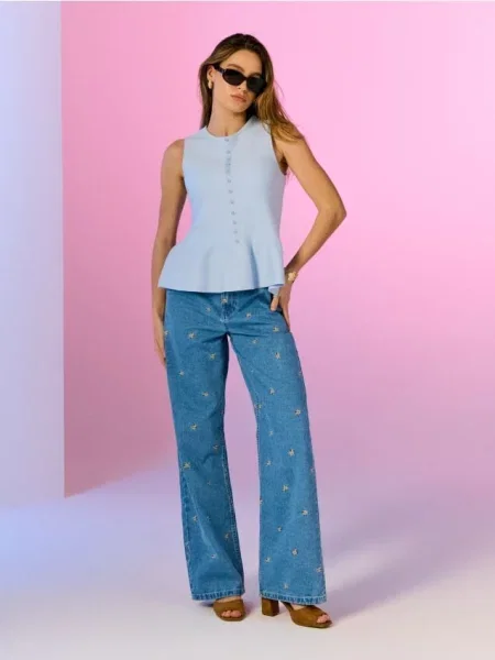 Джинси wide leg з вишивкою синій