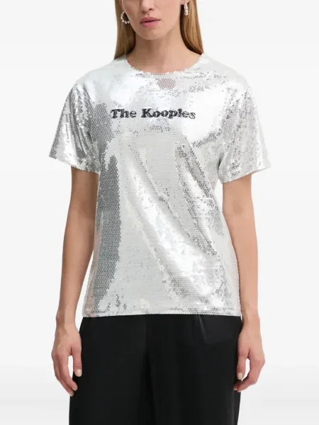 Tricou The Kooples cu paiete scurt argintiu