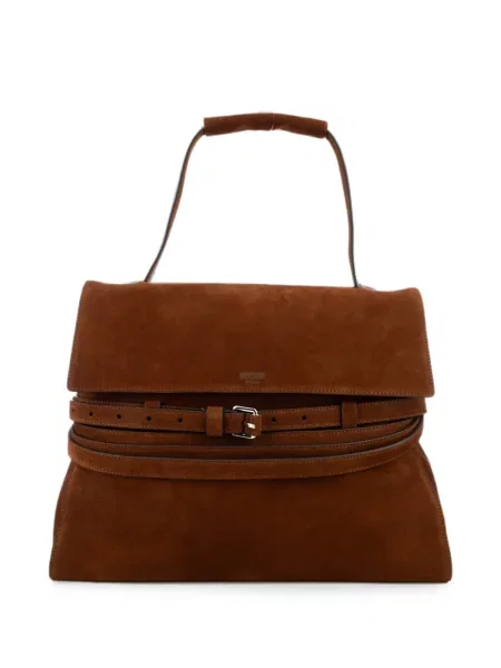 Geantă shopper Moschino din piele de căprioară cu cataramă maro