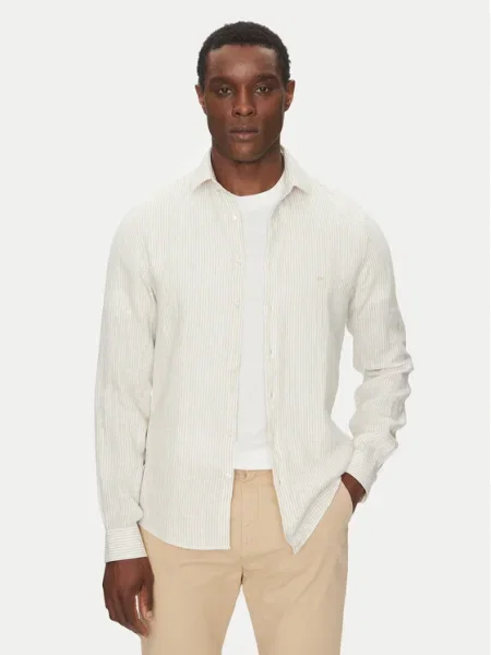 Calvin Klein Jeans Ing Linen Stripe Slim Shirt bézs