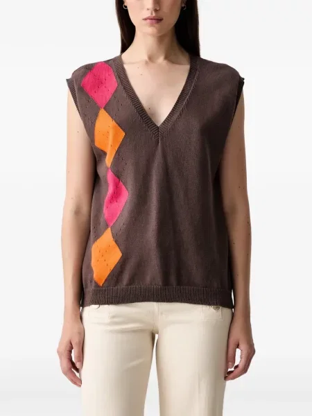 Pulover Vicolo cu decolteu în V cu model argyle maro