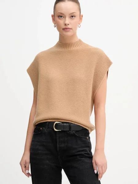 United Colors of Benetton kamizelka z dodatkiem wełny zielony z półgolfem beżowa