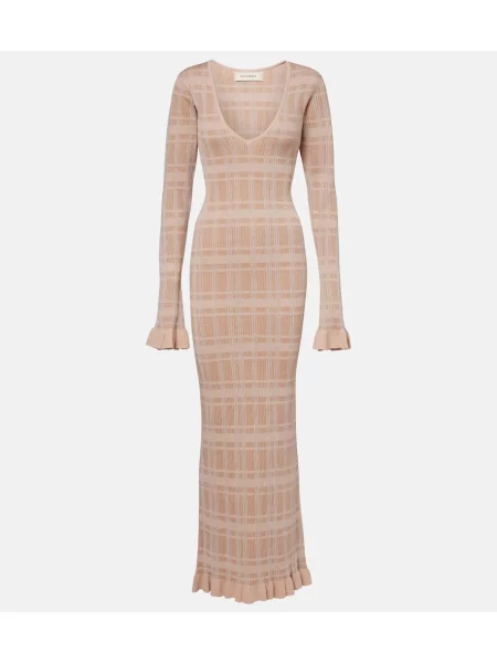 Rochie maxi Bananhot în carouri tricotate cu volane bej