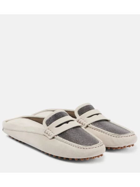 Papuci tip mules Brunello Cucinelli din piele de căprioară bej