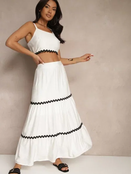 Komplet z Top na Ramiączkach i Spódnica Rozkloszowana z Gumką w Pasie Efrisia biały