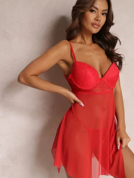 Koszula Nocna z Koronkową Górą i Satynową Wstążką Rerise czerwona