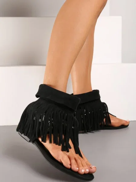 Sandale Tip Japoneze Boho cu Carâmb Înalt cu Franjuri Effimay negre