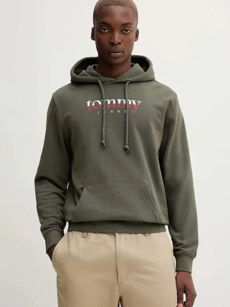 Суичър с качулка Tommy Jeans с качулка с принт зелено