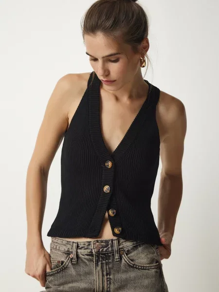 Fericire İstanbul femei Halterneck tricotaje vestă negru