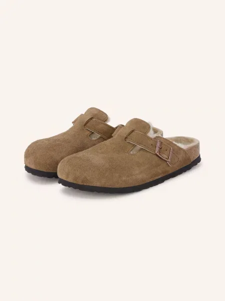 Birkenstock Boston Shearling Suede Leather klapki mules zamszowe brązowe