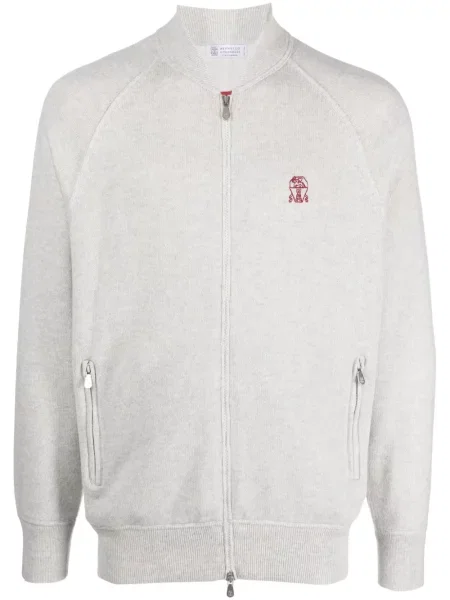 Haftowany kardigan Brunello Cucinelli z kaszmiru szary