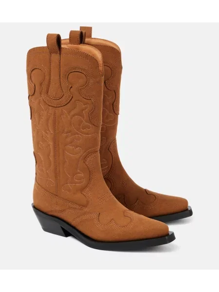 Botine Ganni cu broderie din piele cowboy maro