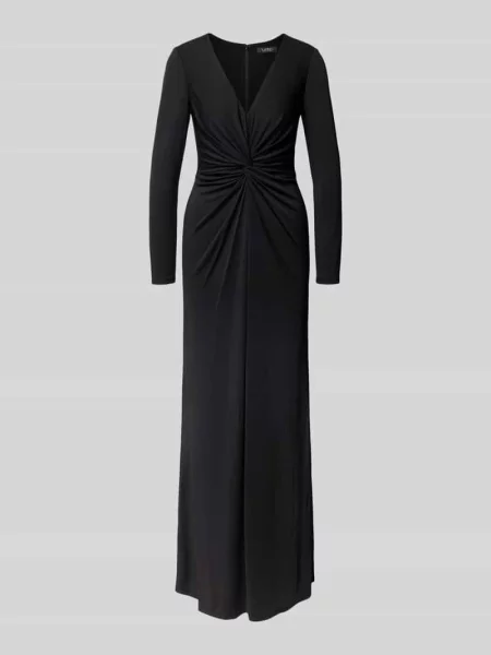 Sukienka wieczorowa z dekoltem w serek i wiązanym detalem model ‘NADIRA’ Lauren Ralph Lauren czarna