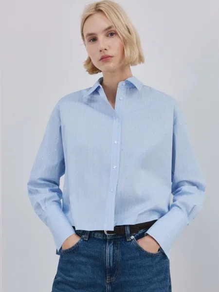 Сорочка MANGO бавовна/поліамід блакитний