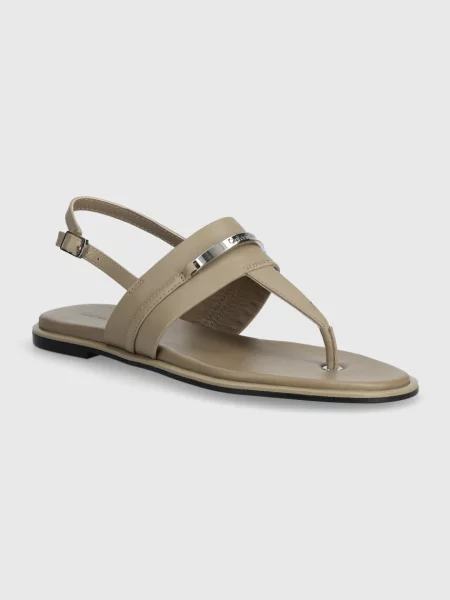 Кожени сандали Calvin Klein FLAT TP SANDAL METAL BAR LTH бежово