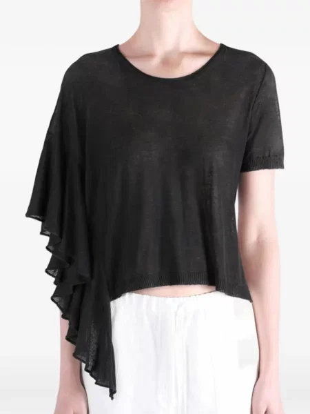 Tricou Uma Wang cu volane asimetric negru