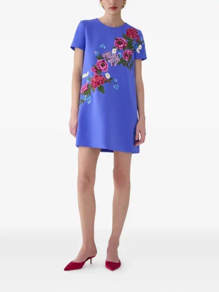 Siuvinėta gėlėta mini suknelė Carolina Herrera mėlyna