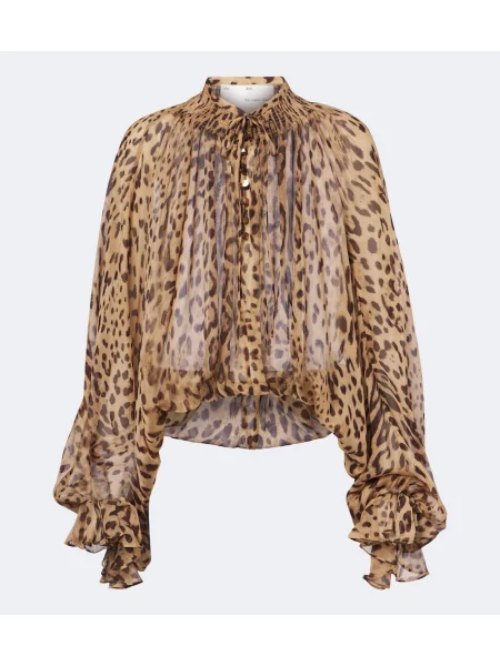 Bluză Xu Zhi de mătase cu imagine cu model leopard maro
