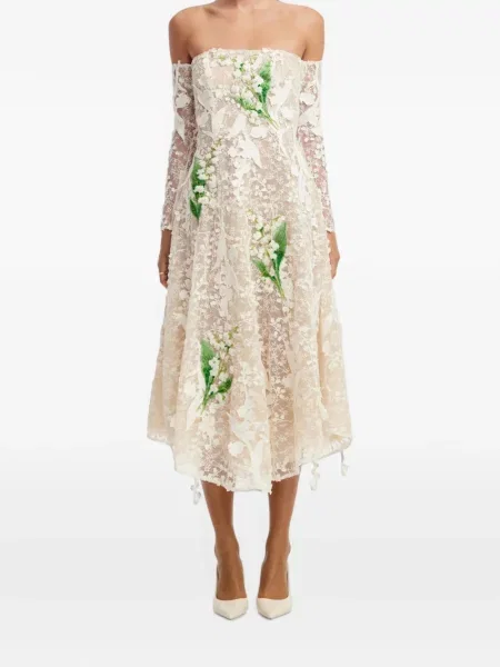 Rochie midi Leo Lin cu model floral din dantelă alb