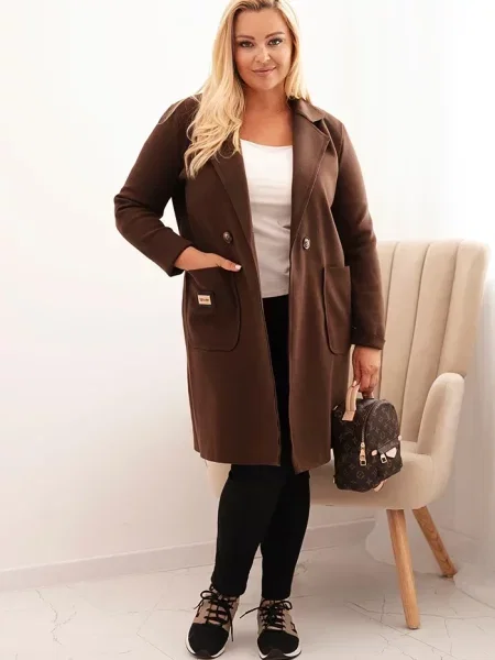 Kesi Włoski Dámsky elegantný kabát Plus Size s golierom a veľkými hnedý