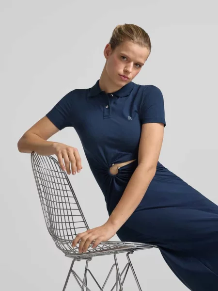 Długa sukienka o kroju slim fit z kołnierzykiem polo Rabanne niebieska