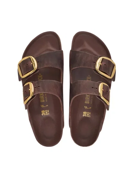 Birkenstock klapki skórzane Arizona Big Buckle Oiled Leather brązowe
